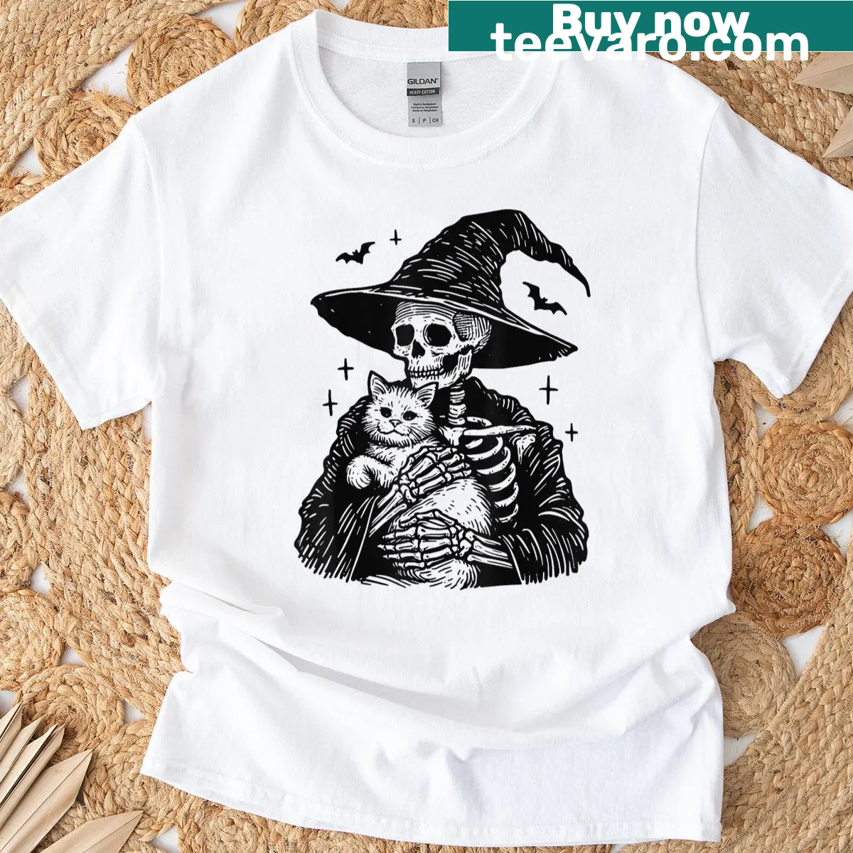 Skeleton hugging a cat in Halloween-themed t-shirt design — on a men's t-shirt