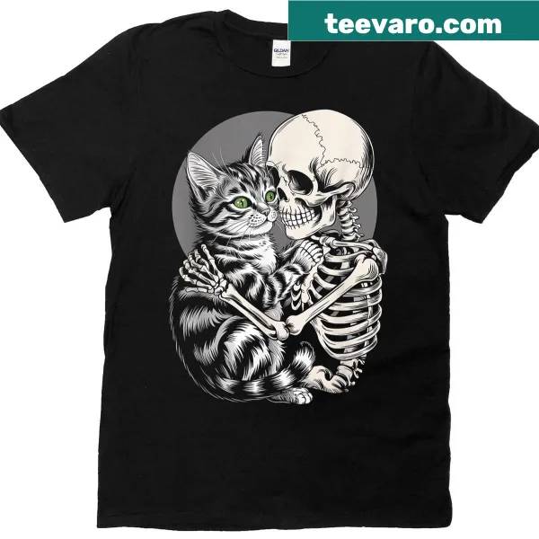 Halloween T-shirt featuring a skeleton hugging a cat design