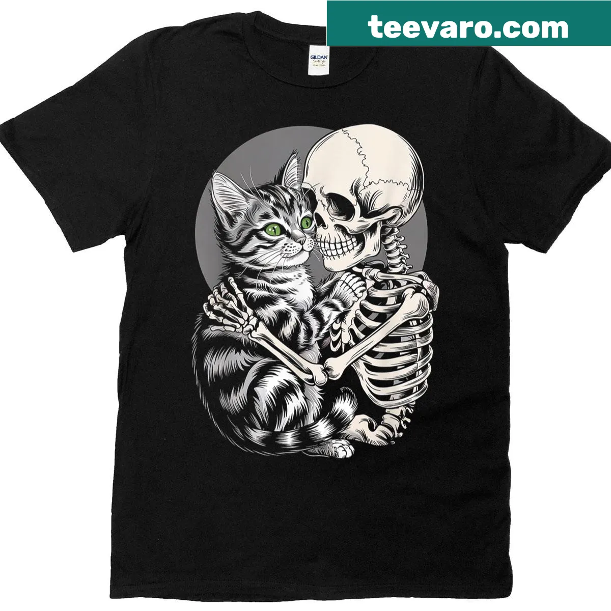 Halloween T-shirt featuring a skeleton hugging a cat design — on a men's t-shirt