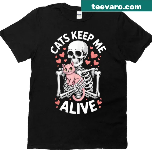 Skeleton hugging a cat graphic design for Halloween enthusiasts