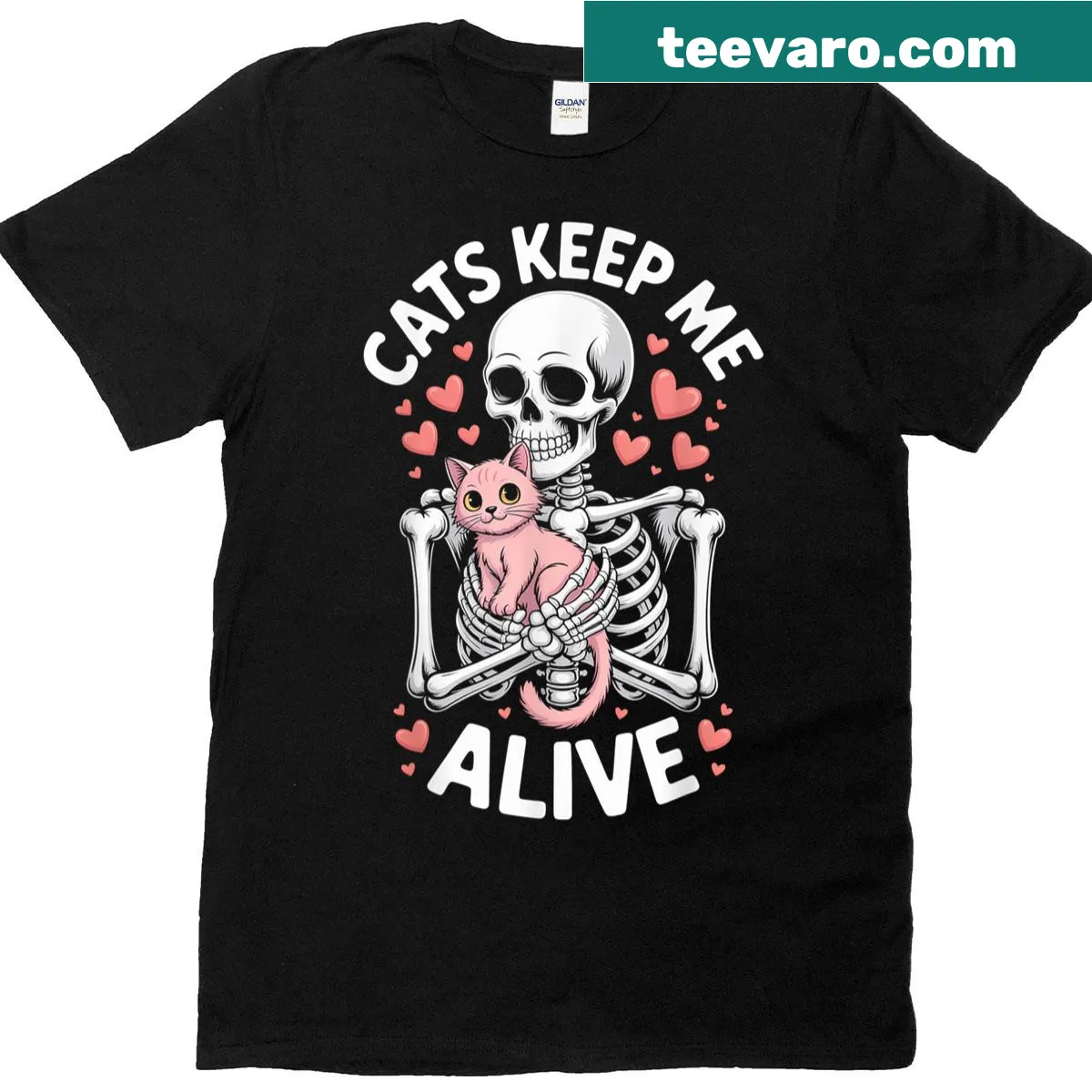 Skeleton hugging a cat graphic design for Halloween enthusiasts — on a men's t-shirt