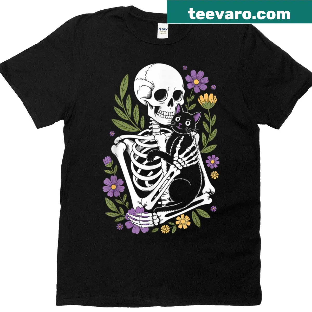 Cartoon skeleton hugging a cat on a Halloween-themed shirt — on a men's t-shirt