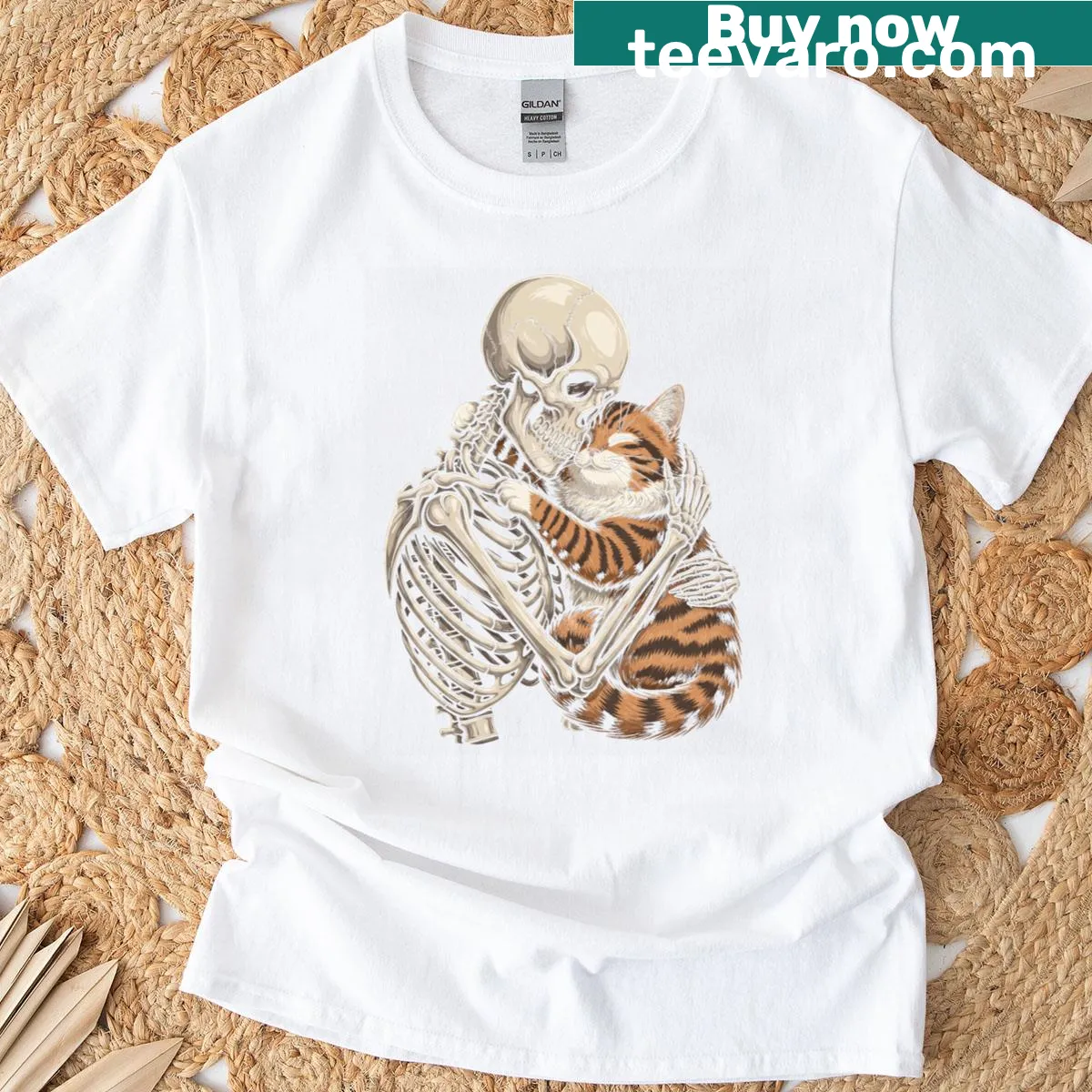 Cute Halloween t-shirt with skeleton hugging a cat — on a men's t-shirt