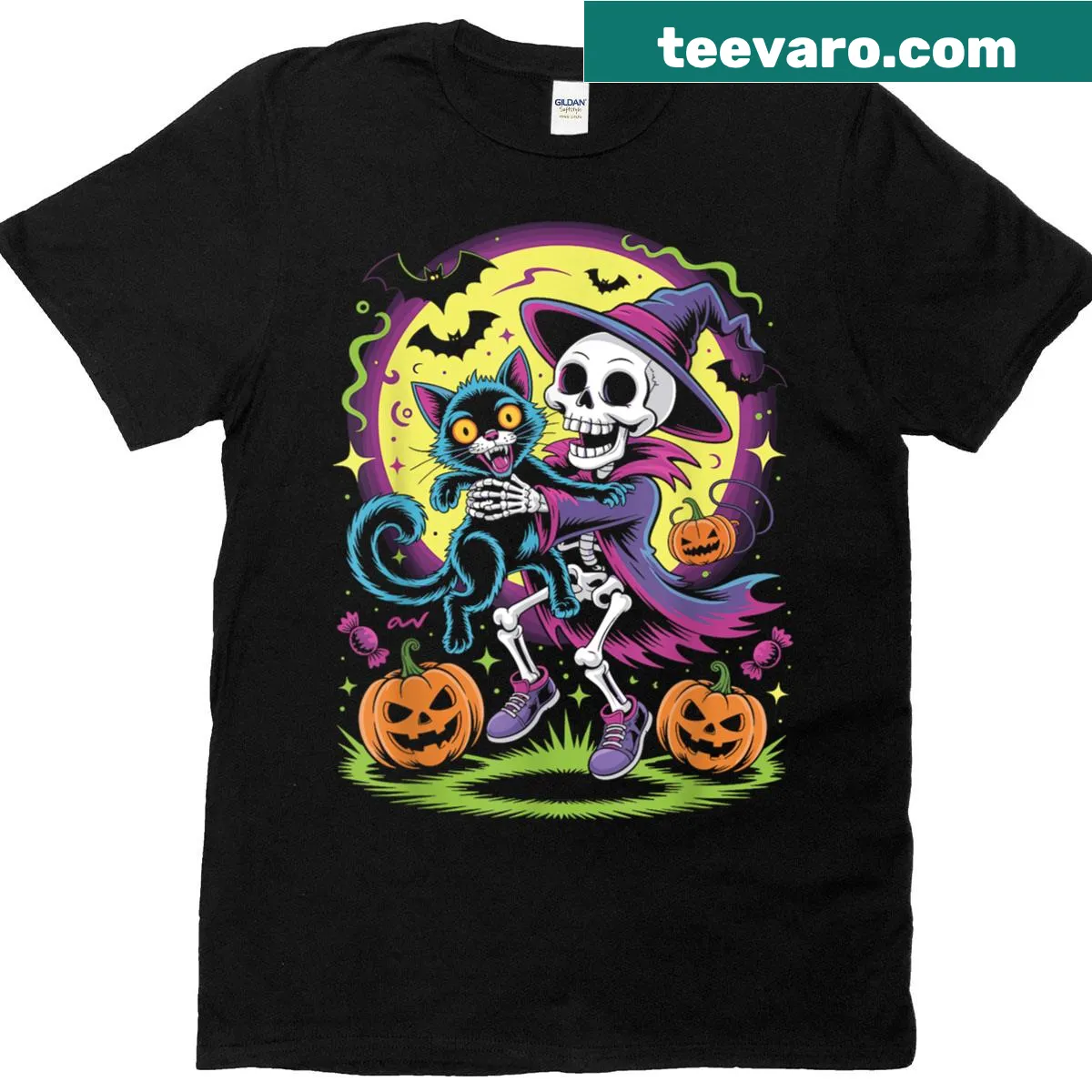 Skeleton hugging a cat in a Halloween design — on a men's t-shirt