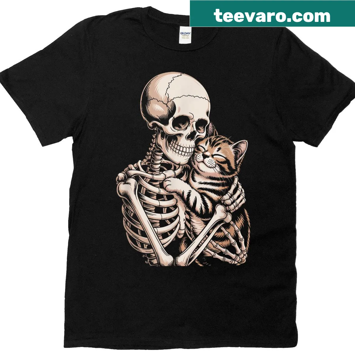 Skeleton hugging a cat in a Halloween-themed graphic — on a men's t-shirt