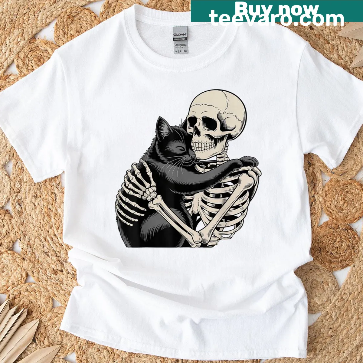 Cute skeleton hugging a cat on a Halloween t-shirt. — on a men's t-shirt
