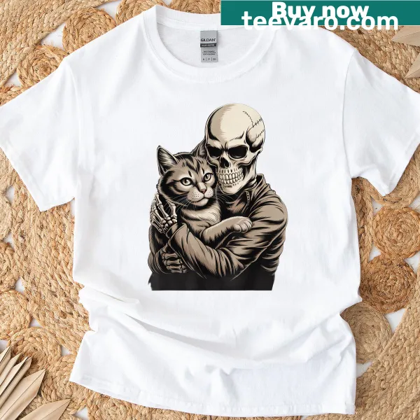 Skeleton hugging a cat design for Halloween t-shirt