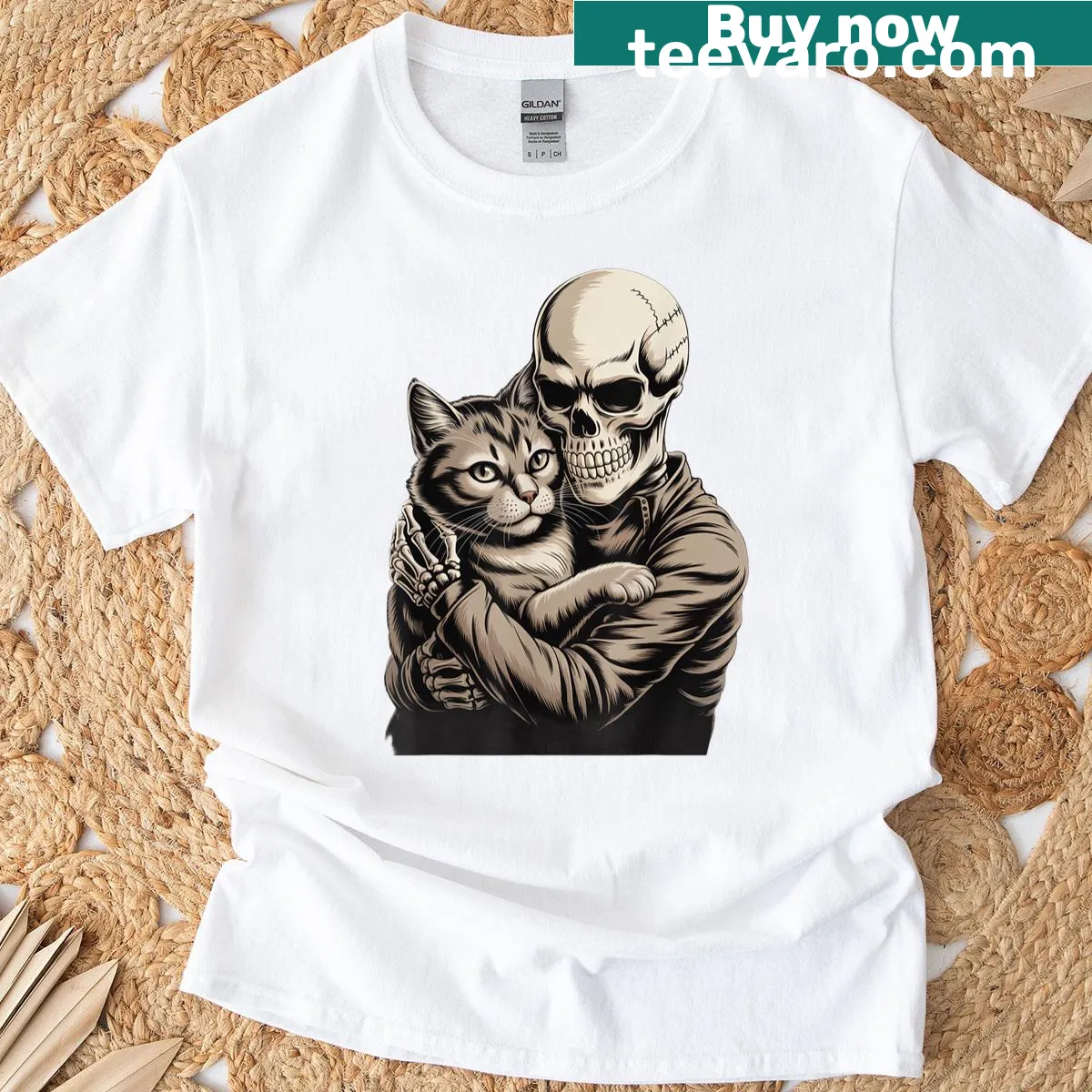 Skeleton hugging a cat design for Halloween t-shirt — on a men's t-shirt
