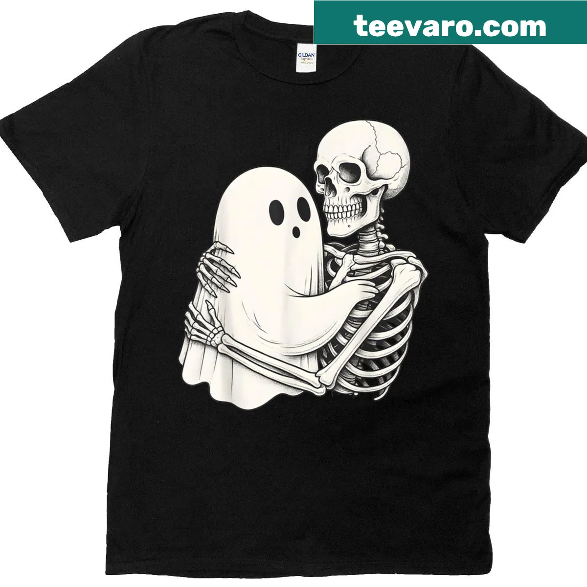 Vintage-style t-shirt featuring a skeleton hugging a ghost for Halloween — on a men's t-shirt