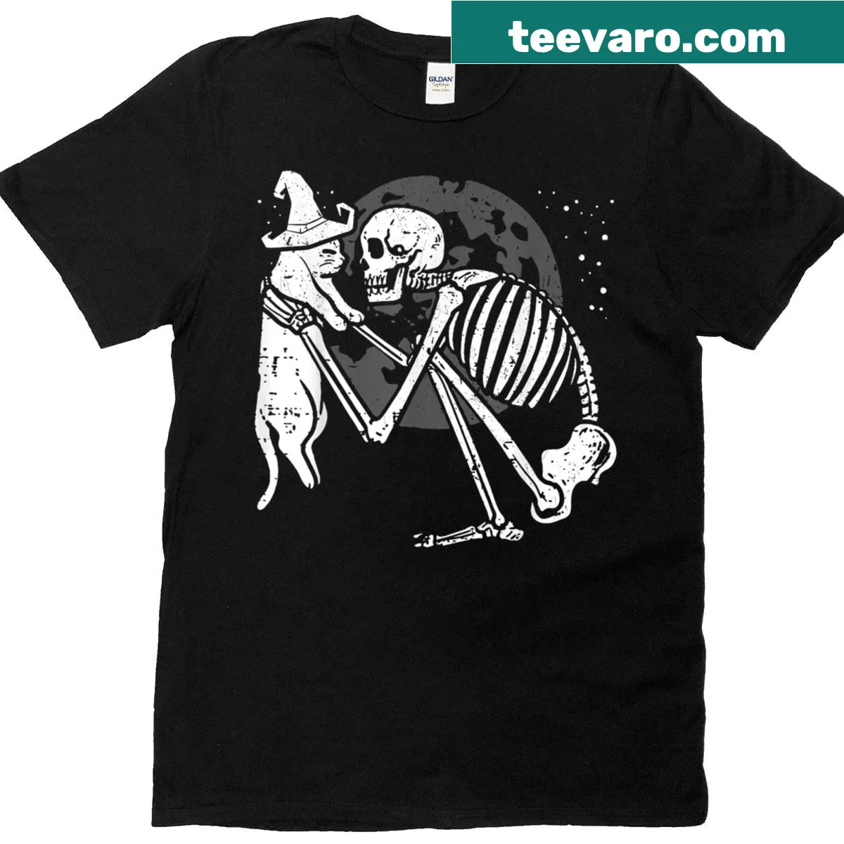 Halloween t-shirt featuring a skeleton hugging a witch cat design — on a men's t-shirt