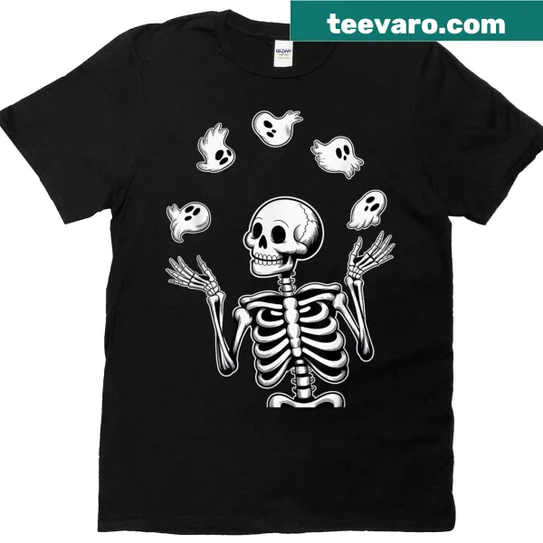 Shirt featuring a skeleton juggling ghosts with a humorous Halloween theme.