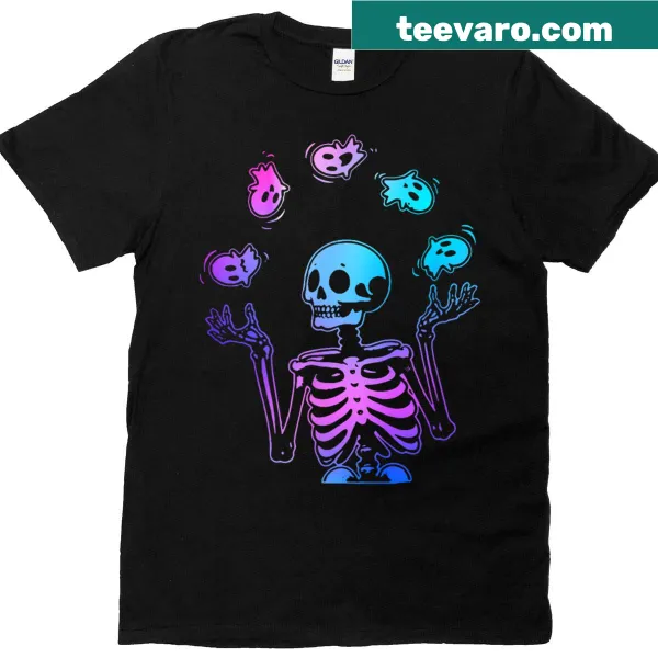 Humorous skeleton juggling ghosts graphic on a Halloween T-shirt
