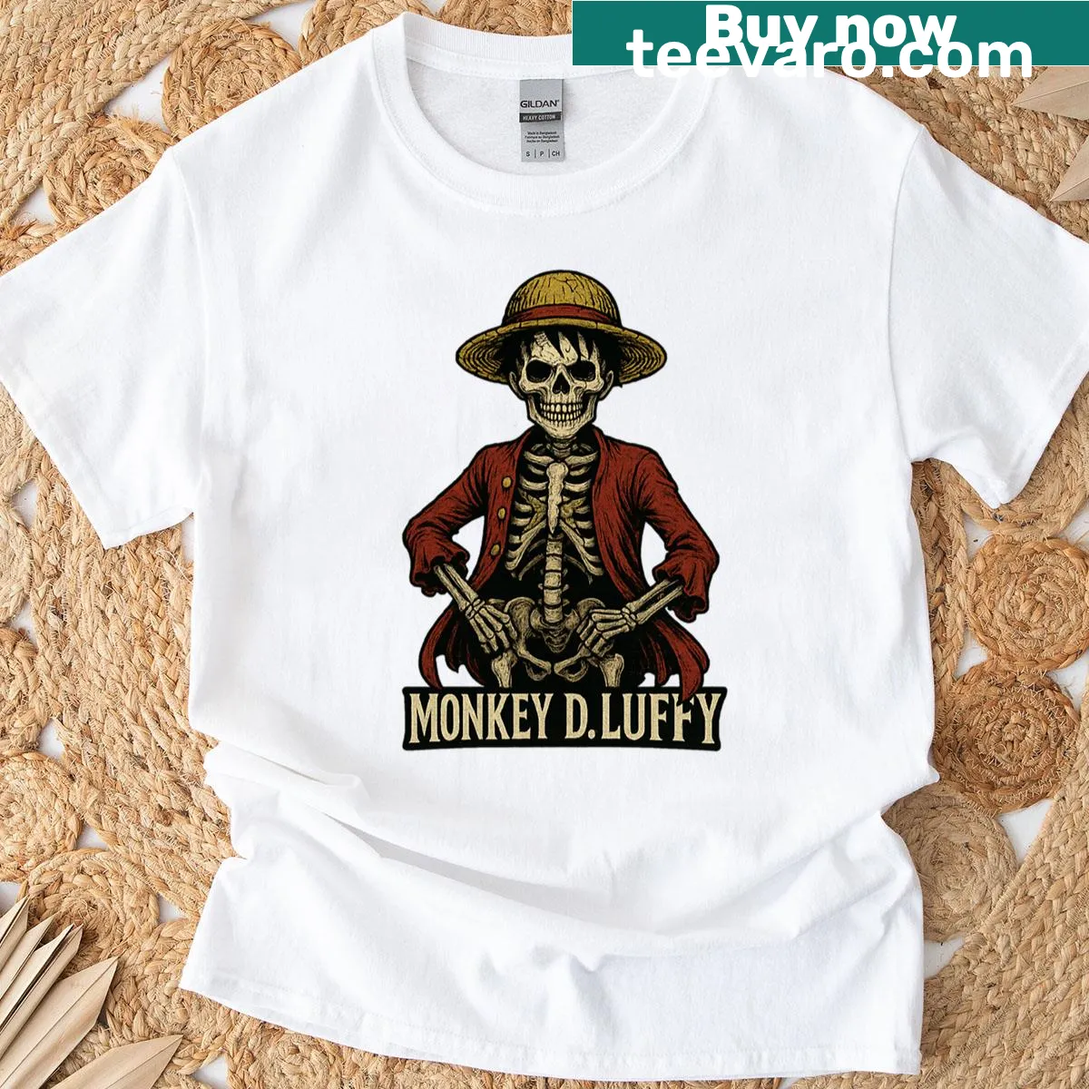 Gothic anime t-shirt featuring a skeleton version of Monkey D Luffy — on a men's t-shirt
