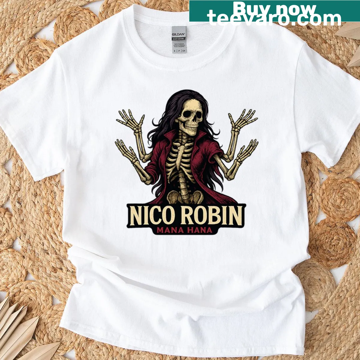 Gothic anime T-shirt featuring a skeleton design of Nico Robin — on a men's t-shirt