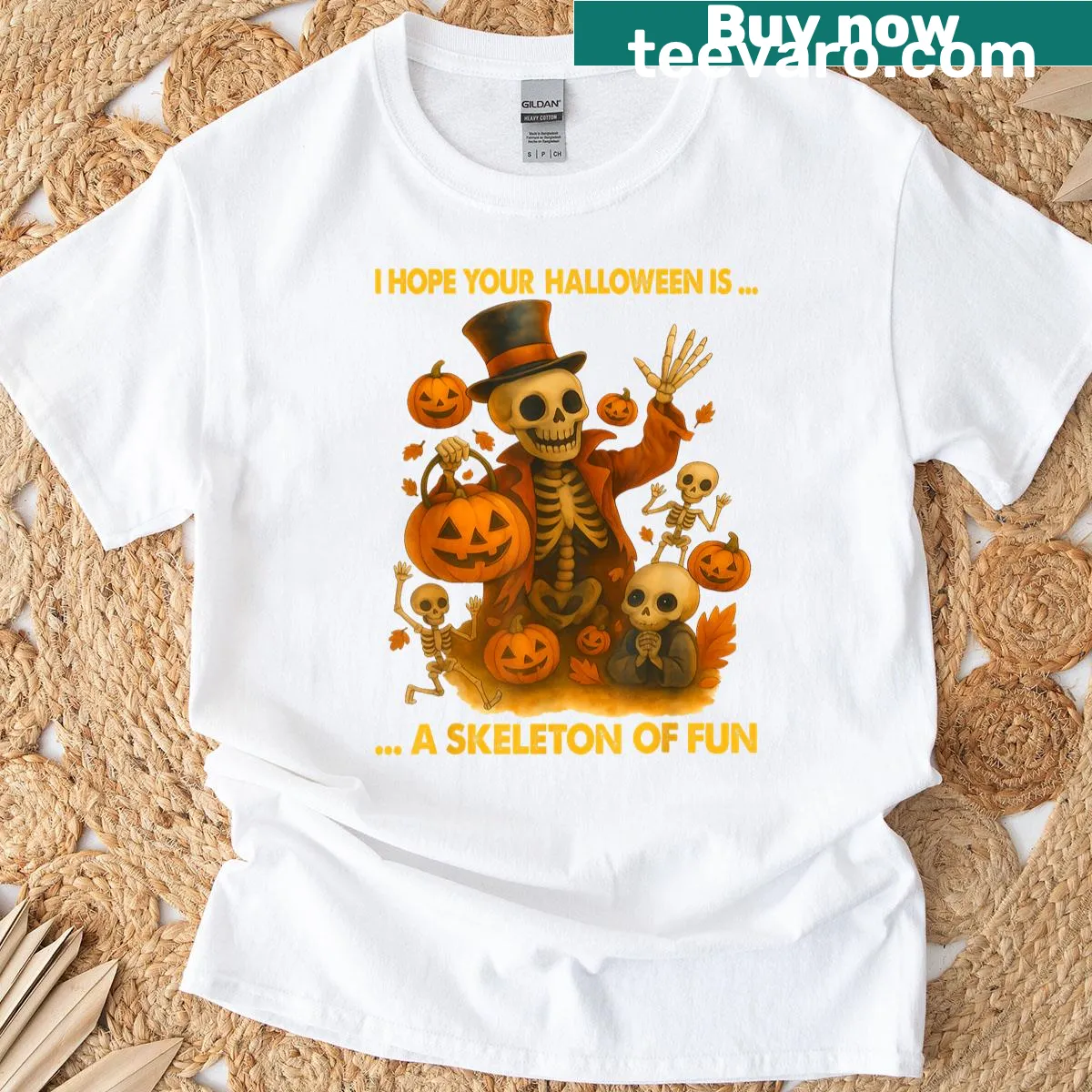 Vintage distressed skeleton and pumpkin design for Halloween t-shirt — on a men's t-shirt