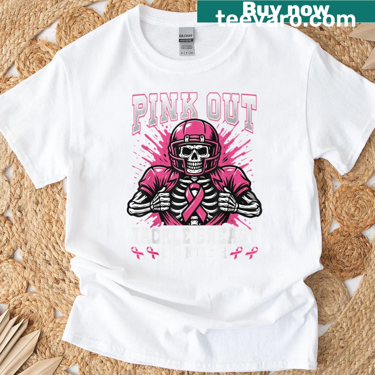 Football skeleton illustration promoting breast cancer awareness — on a men's t-shirt