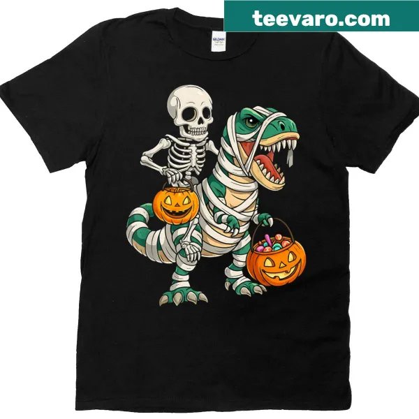 Skeleton riding a mummy T-Rex on a Halloween t-shirt