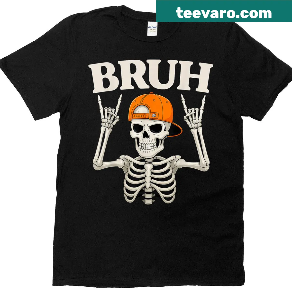 Playful Halloween t-shirt with a skeleton making a rock on gesture — on a men's t-shirt