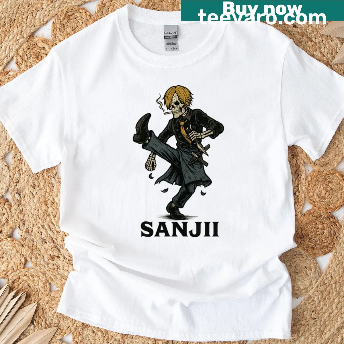 Gothic anime t-shirt featuring a skeleton version of Sanji — on a men's t-shirt