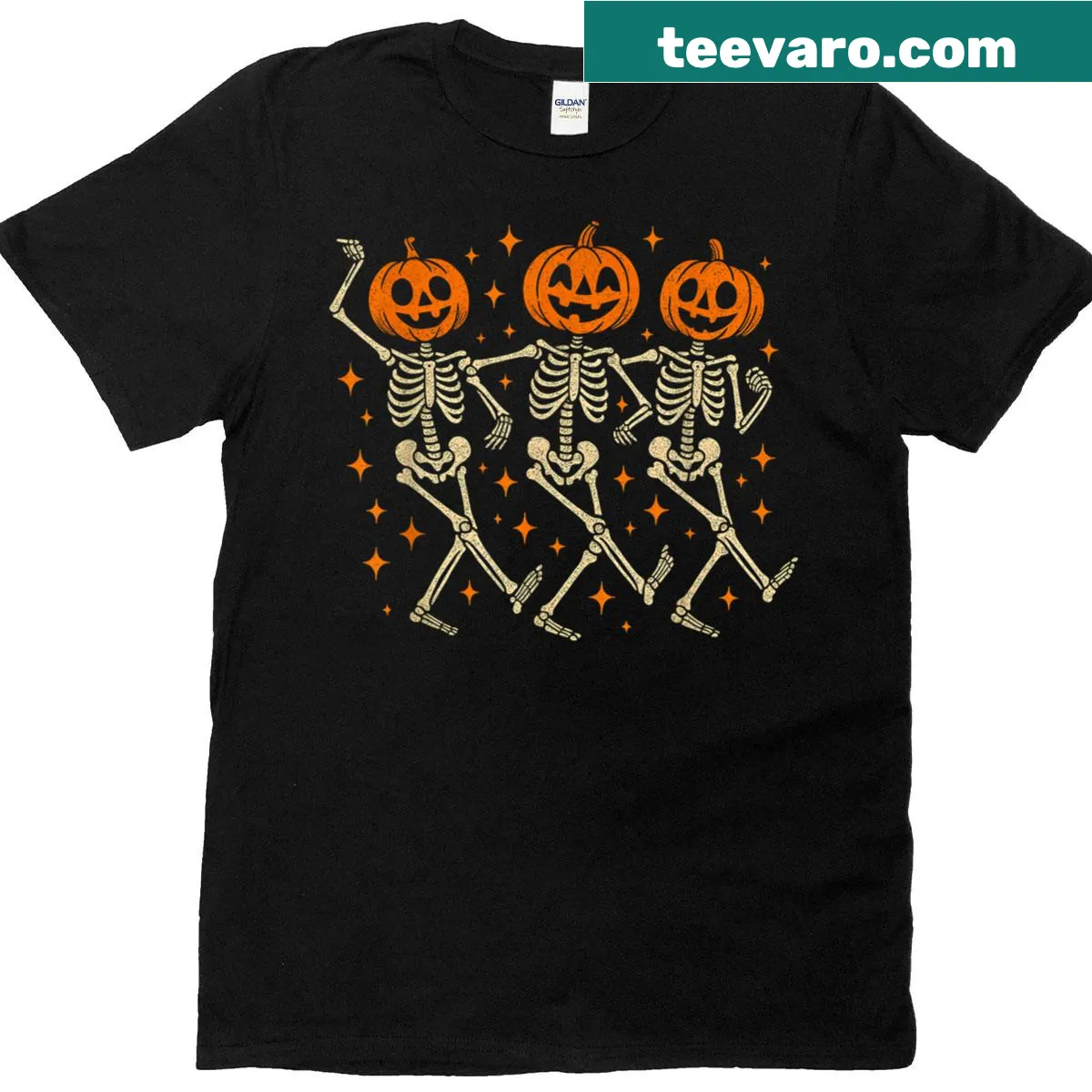 Halloween T-shirt featuring a skeleton with a pumpkin head design — on a men's t-shirt
