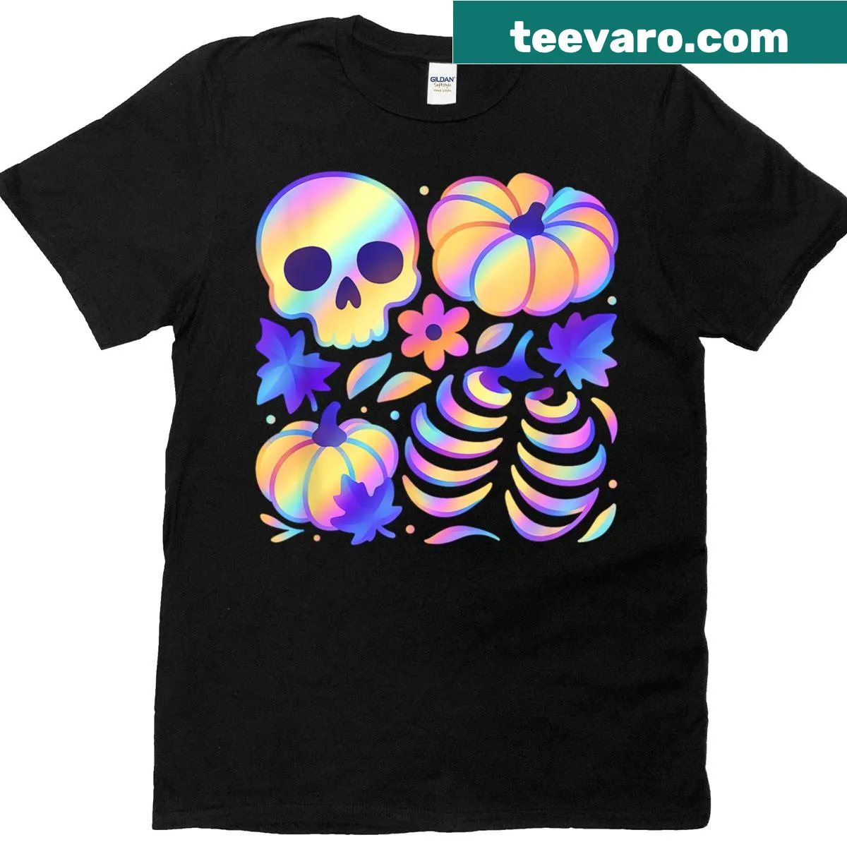 Halloween graphic with a skull, pumpkins, and leaves — on a men's t-shirt