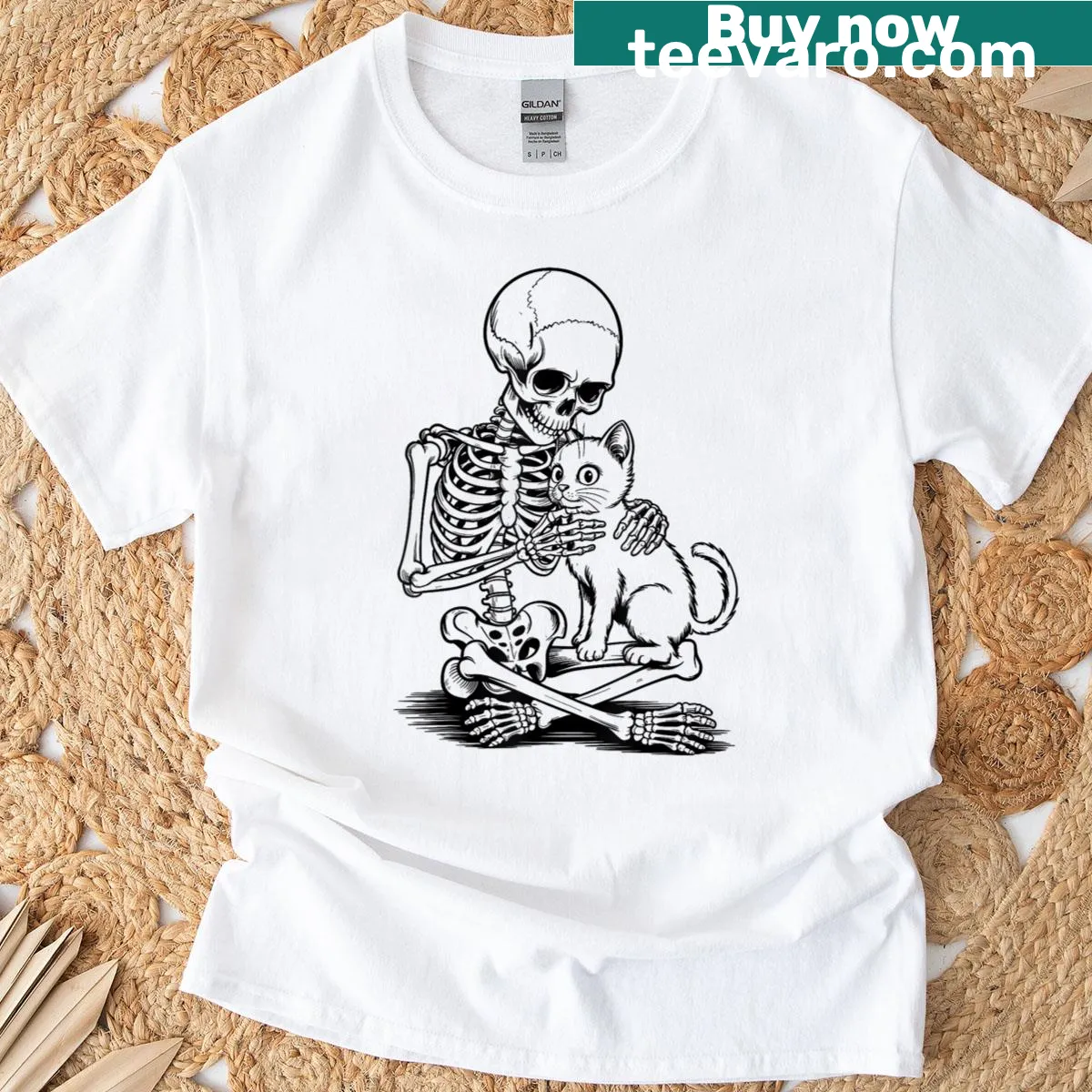 Cartoon skull skeleton hugging a cat design for Halloween t-shirt — on a men's t-shirt