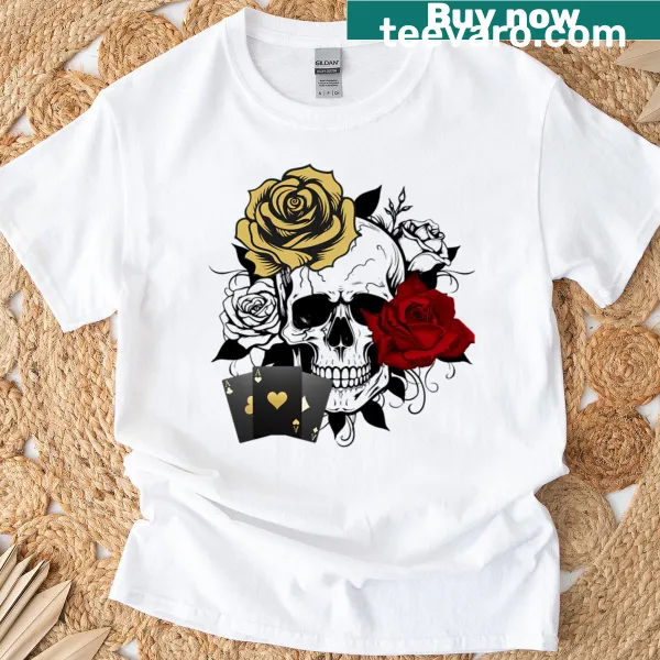 Gothic skull and roses graphic on a vintage t-shirt.