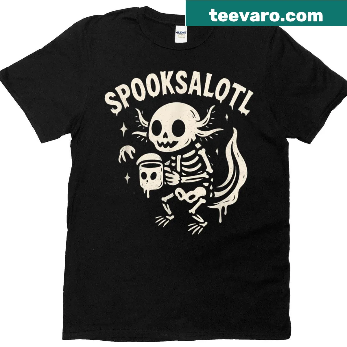 Cute skeleton axolotl graphic t-shirt for Halloween — on a men's t-shirt