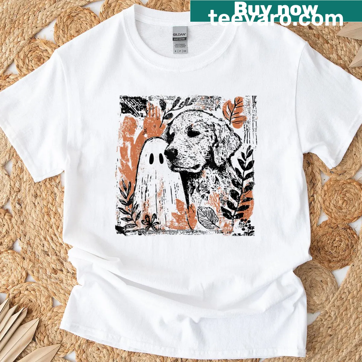 Cartoon dog with pumpkins and ghosts for Halloween t-shirt — on a men's t-shirt