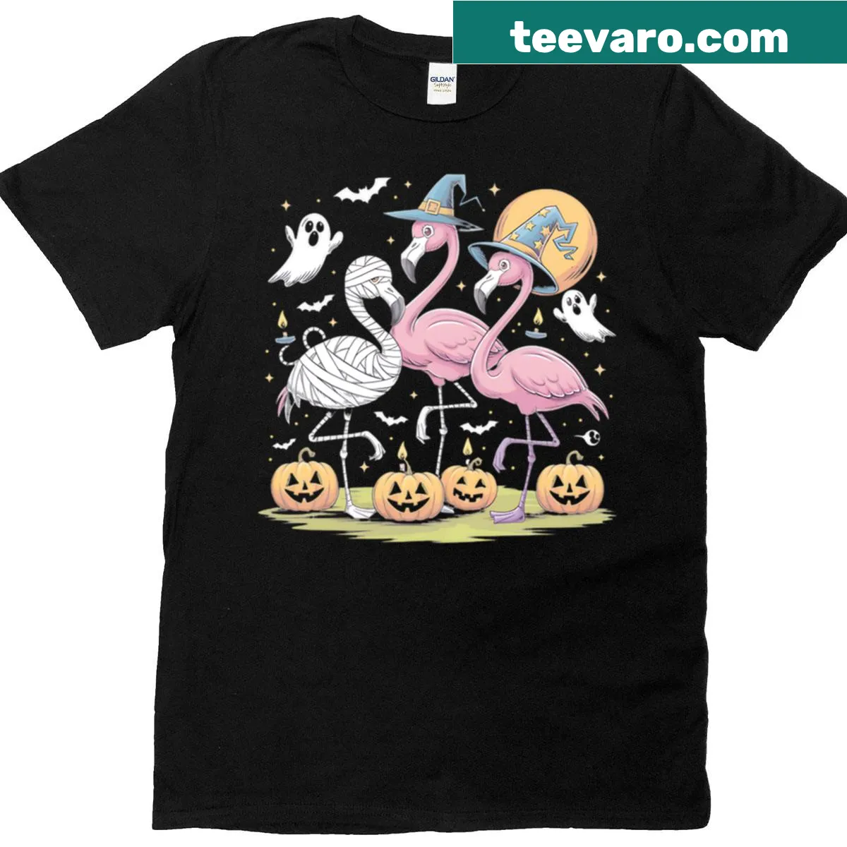 Cartoon-style Halloween t-shirt with flamingos in witch hats and pumpkins — on a men's t-shirt