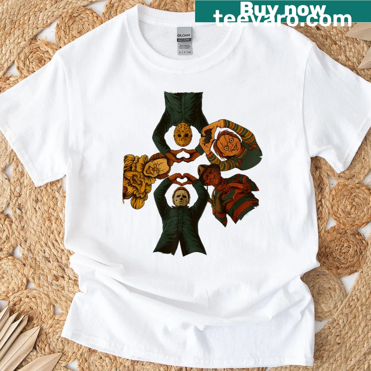 Halloween tee with spooky pumpkin, witch, zombie, and skeleton graphics — on a men's t-shirt