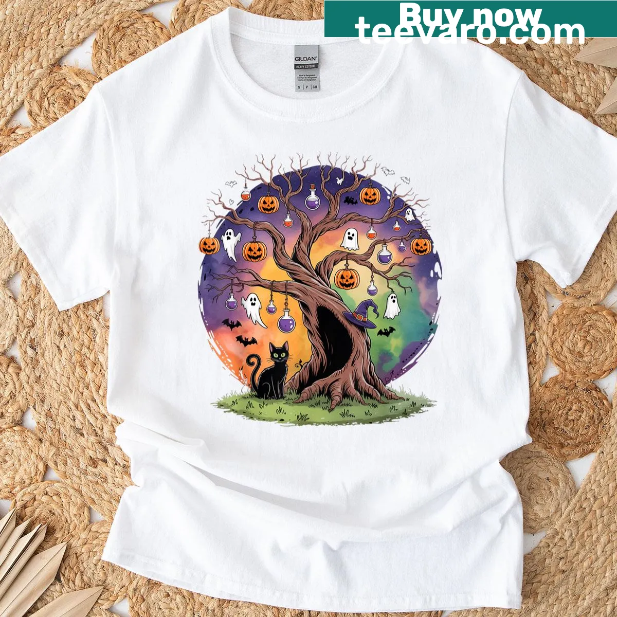 Halloween-themed t-shirt with spooky tree, ghosts, pumpkins, and bats — on a men's t-shirt