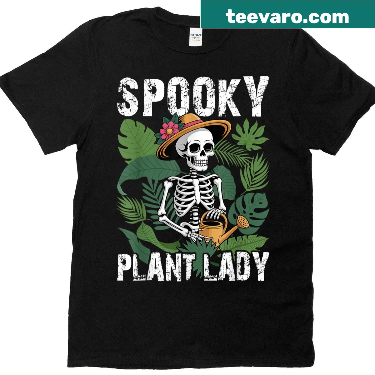 Skeleton gardener design for plant lovers celebrating Halloween — on a men's t-shirt