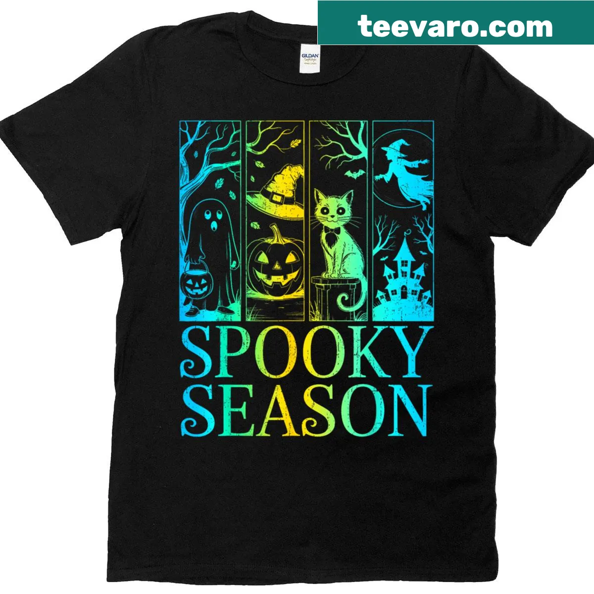 Funny Halloween graphic with a witch, cat, and pumpkin saying 'Boo!' — on a men's t-shirt