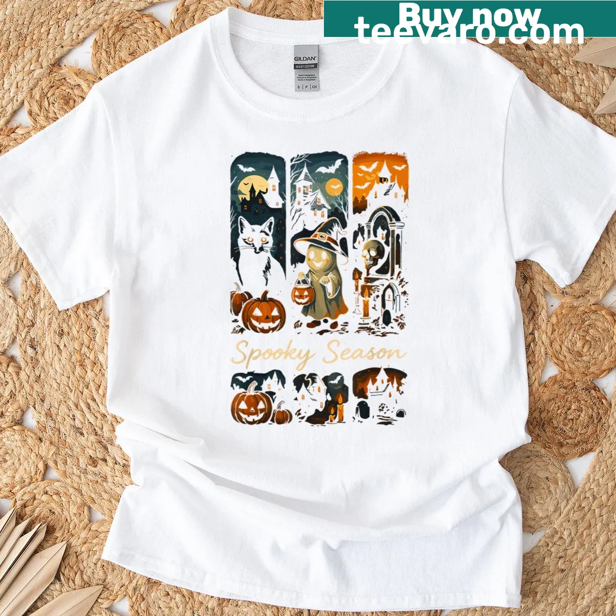 Cute cartoon ghost cat with pumpkin design for Halloween t-shirt — on a men's t-shirt
