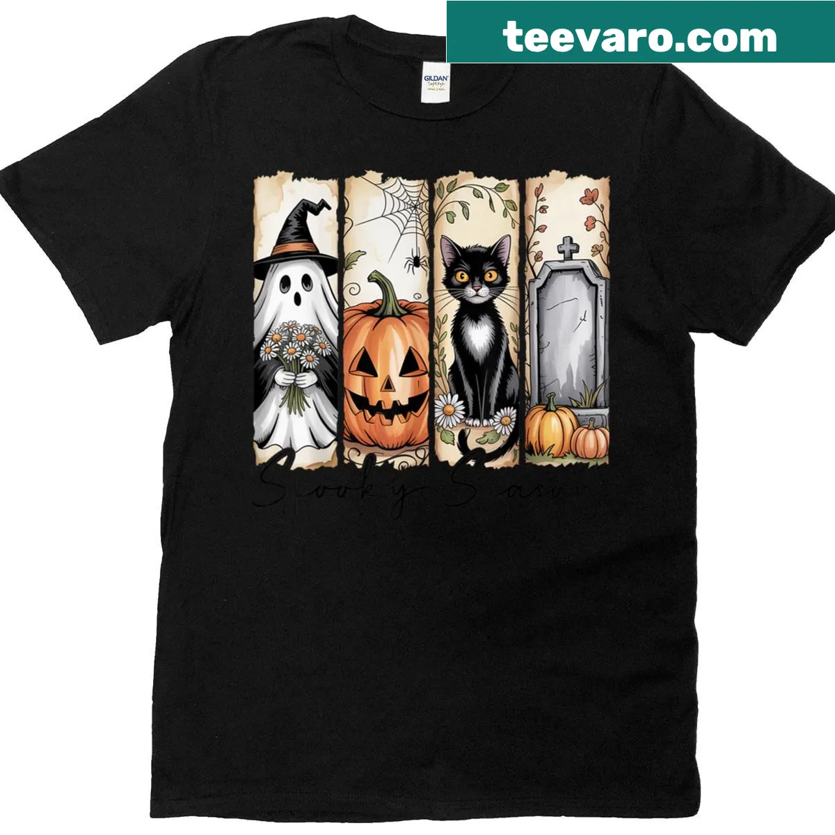 Ghost, pumpkin, and black cat in a graveyard on a Halloween t-shirt — on a men's t-shirt