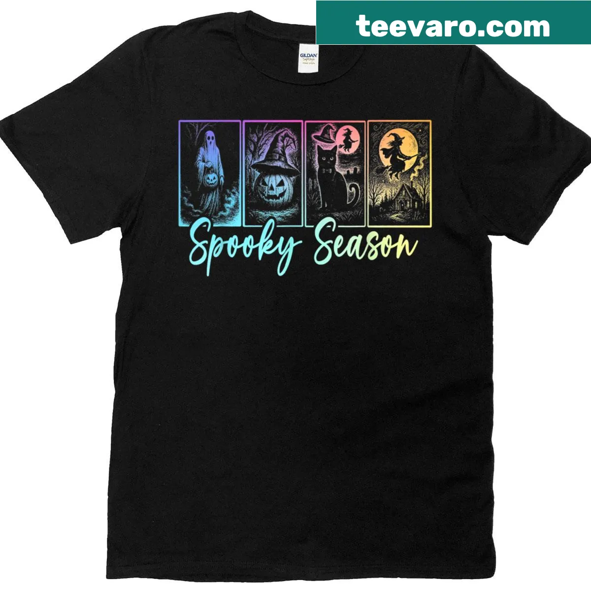 Retro design featuring ghost, pumpkin, cat, and witch for Halloween — on a men's t-shirt