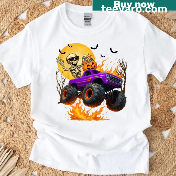 Cartoon skeleton driving a monster truck designed for Halloween fun.
