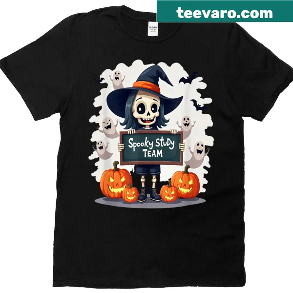 Cute Halloween skeleton teacher T-shirt with study theme