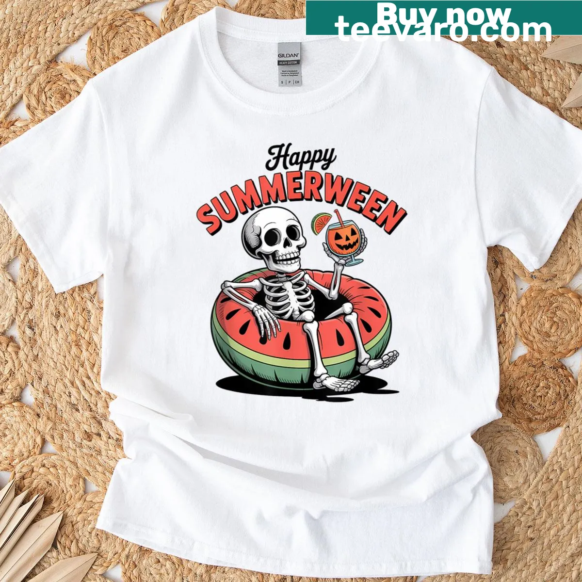 Fun summer-themed Halloween graphic on a t-shirt. — on a men's t-shirt