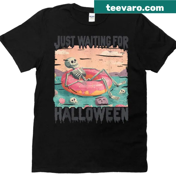 Shirt featuring a skeleton enjoying summer while waiting for Halloween.