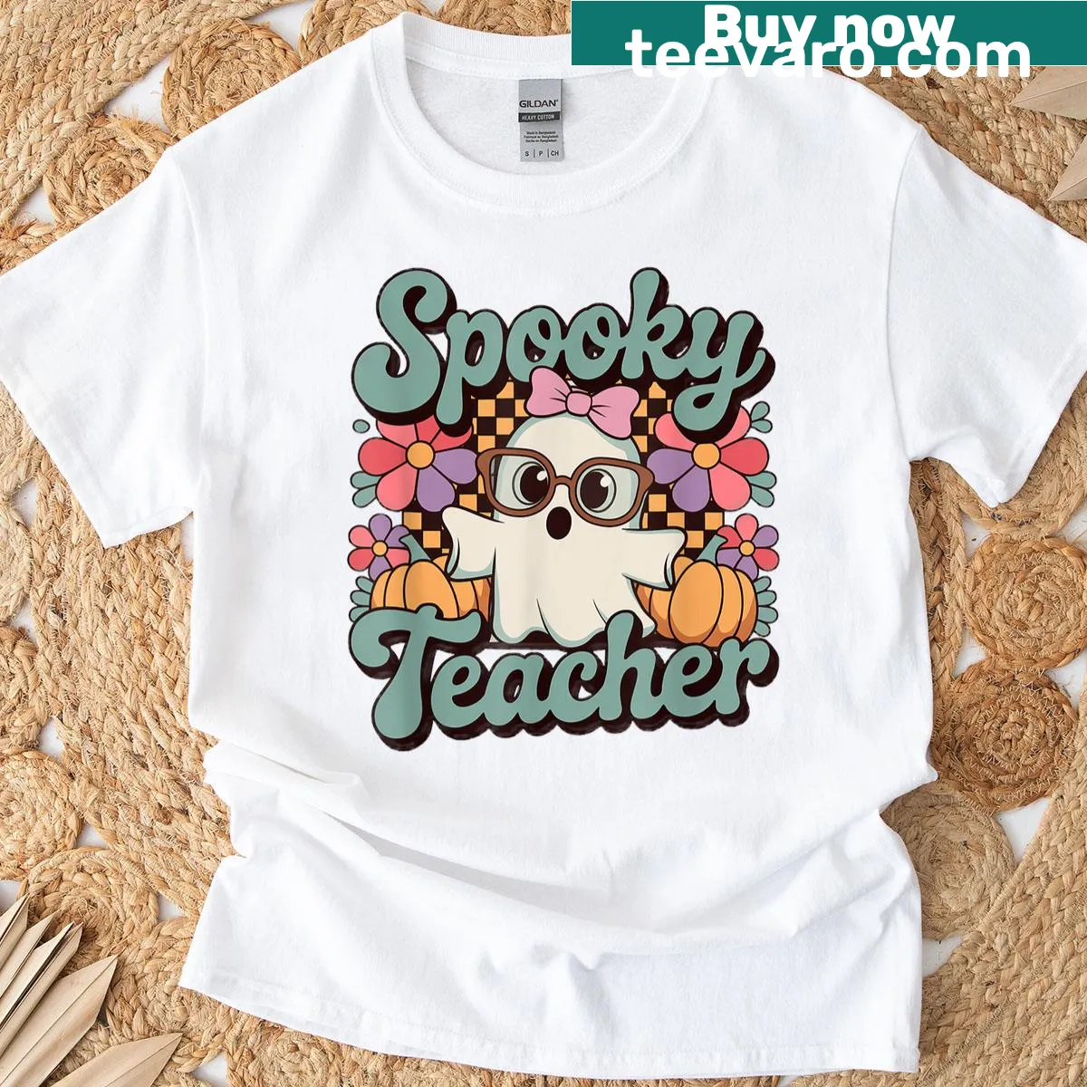 Funny Halloween T-shirt featuring a ghost teacher with pumpkins. — on a men's t-shirt