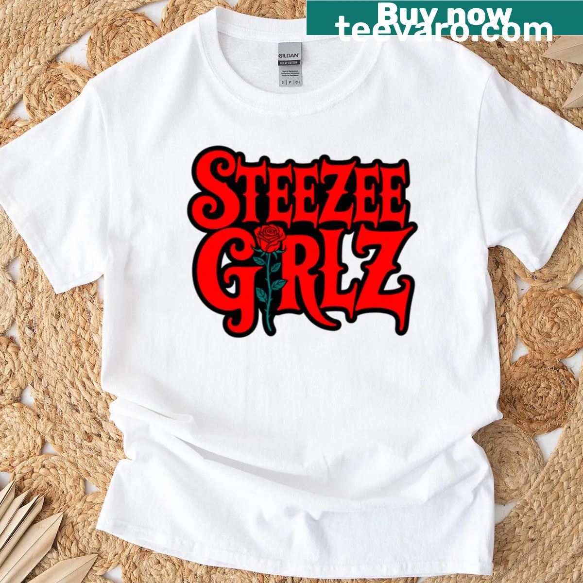 Illustrated red rose design on a women's T-shirt — on a men's t-shirt