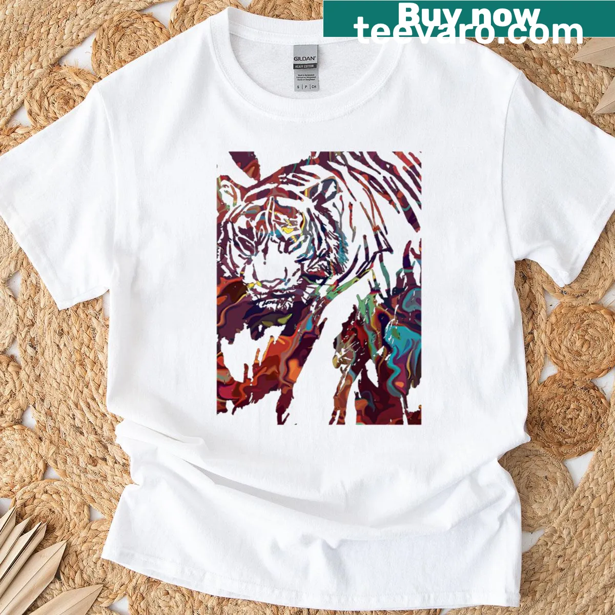 Artistic Stencil Tiger T-shirt depicting a tiger walking through flames — on a men's t-shirt