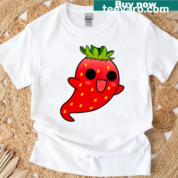 Whimsical strawberry ghost graphic on a T-shirt