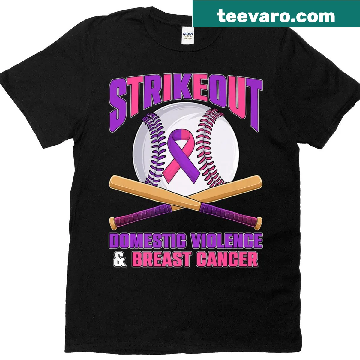 Baseball-themed T-shirt with a graphic highlighting domestic violence awareness and breast cancer. — on a men's t-shirt