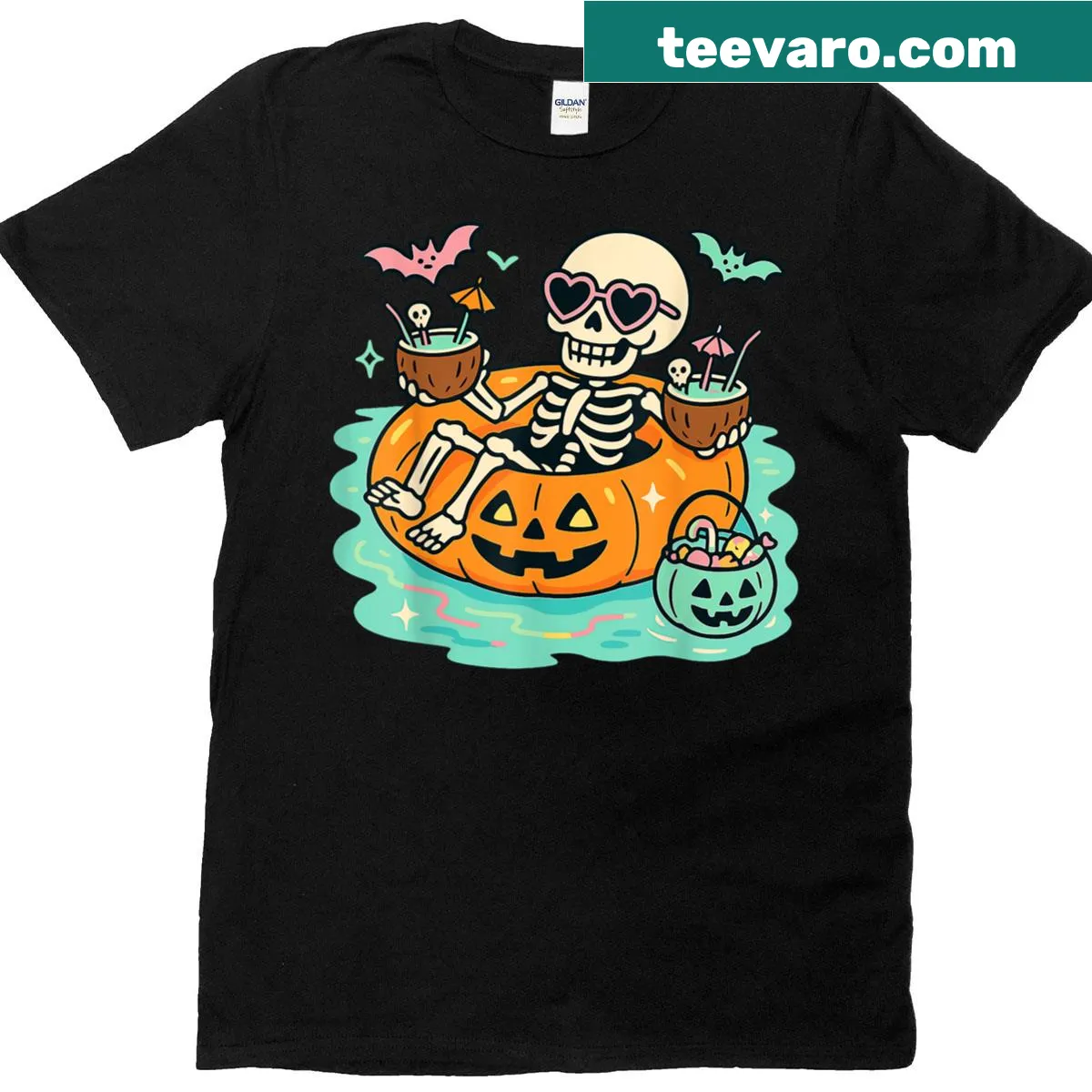 Cute Halloween t-shirt featuring a skeleton in a pumpkin float — on a men's t-shirt