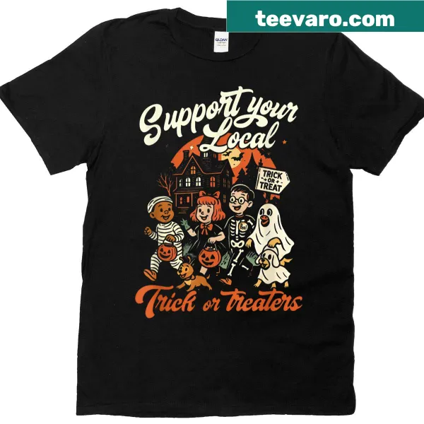 Retro T-shirt supporting local trick-or-treaters for Halloween.