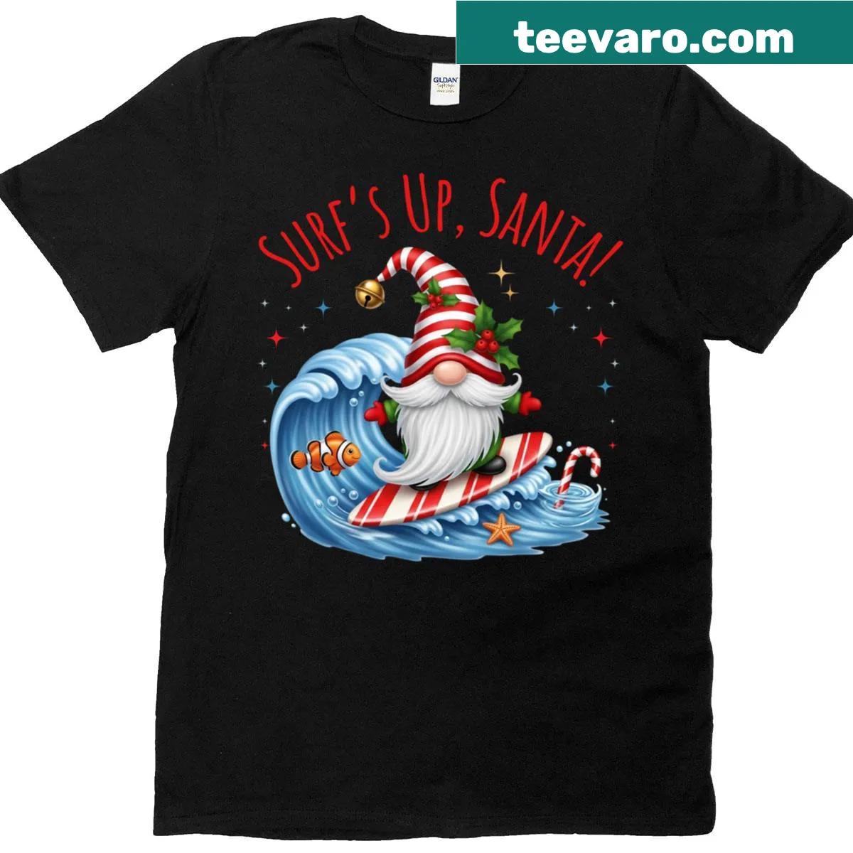 Funny Christmas t-shirt featuring Santa as a gnome surfing — on a men's t-shirt