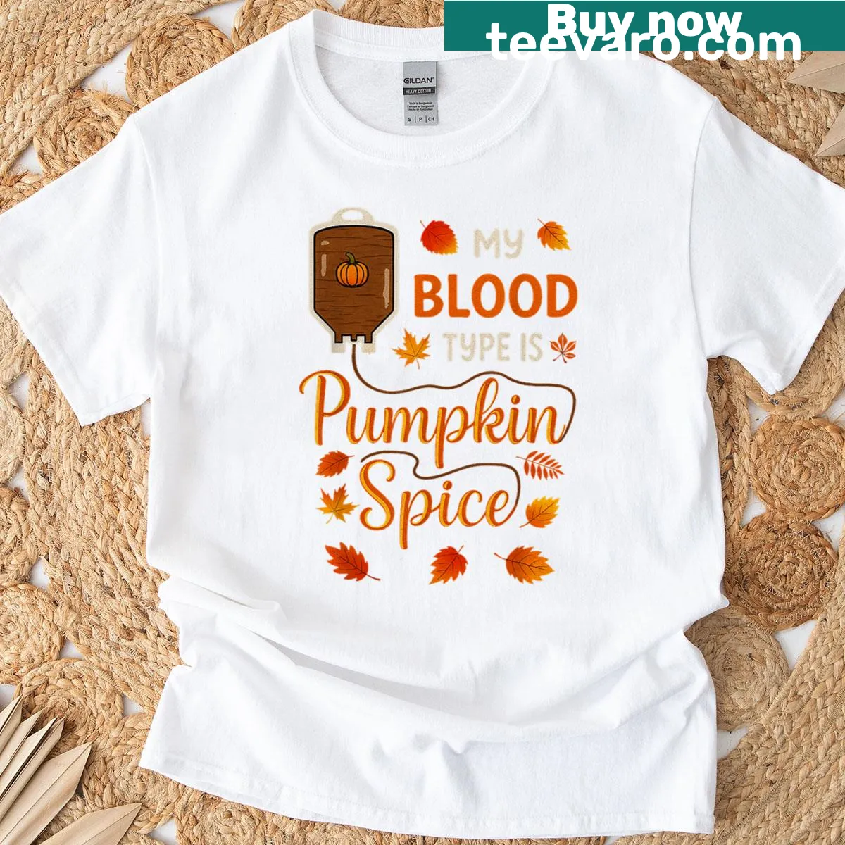 Funny fall t-shirt with the phrase 'My Blood Type Is Pumpkin Spice' — on a men's t-shirt